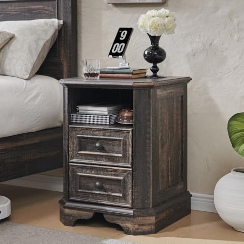 T4TREAM Farmhouse Nightstand with Charging Station, 18" End Table with 2 Drawers, Wood Side Table, Bedside Cabinet for Bedroom, Living Room (Dark Rustic Oak) - color: Dark Rustic Oak