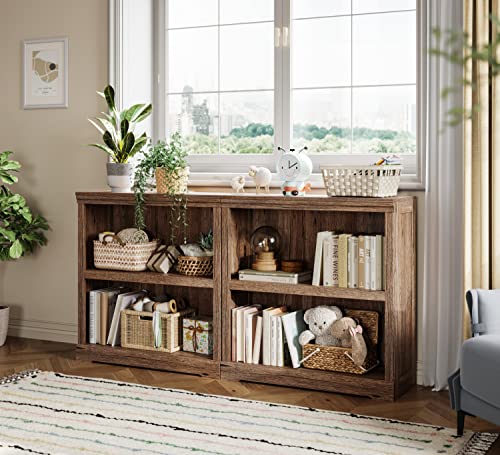 LINSY HOME 2-Tier Bookcase and Bookshelf, Small Wood Display Storage Shelves Farmhouse Bookshelf for Home Office, Living Room, Bed Room - Dark Brown - color: Dark Brown, size: 2 Shelf Standard 31.8"H