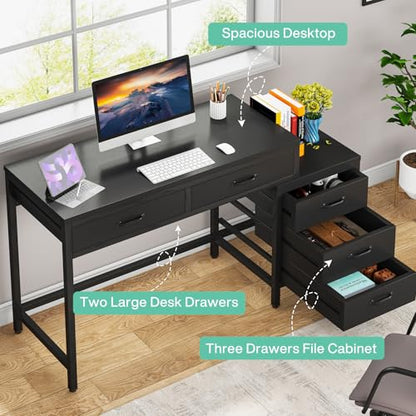 Tribesigns Computer Desk with 5 Drawers, Reversible Home Office Desks | Small Desk with Drawer Cabinet Printer Stand, PC Desk with Storage, Black Study Writing Table Workstation for Small Spaces - color: Black