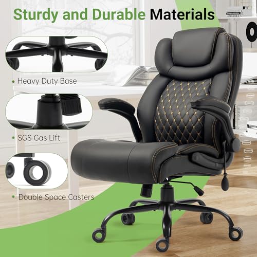 Office Chair, Big and Tall Executive Chair with Air-Lumbar Support, Breathable Desk Computer Chair with Adjustable Flip-up Armrests, Wide Cushion Seat Swivel Home Office Chair - color: Black