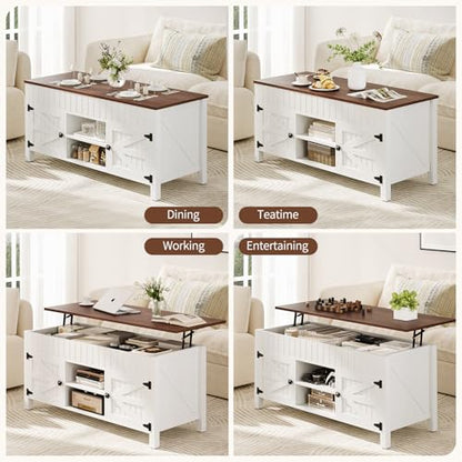 47.3“ Lift Top Coffee Table with Storage - White Coffee Tables for Living Room, Farmhouse Wood Center Table, Large Rectangle Middle Tables with Hidden Compartment & Adjustable Shelf - color: White and Walnut