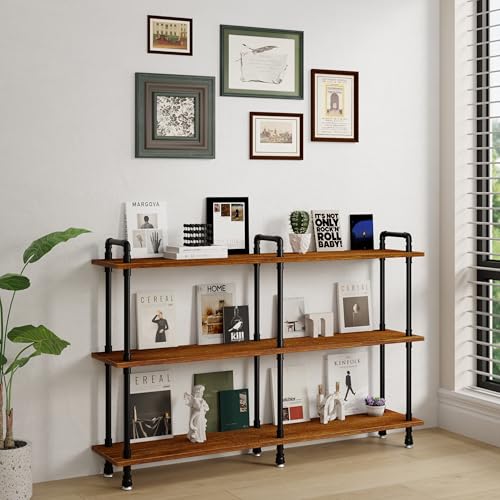 Industrial Bookshelf, Pipe Shelf Bookcase, 3 Tier, 60" Rustic Brown | Solid pine shelves, 60 inch wide, black pipe frame, 70 lbs per shelf, open bookcase for books, plants, office - color: Rustic Brown, size: 60"L × 39"H