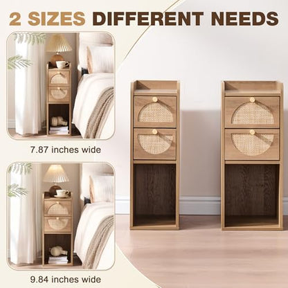 Narrow Nightstand Set of 2 (Rattan & Wood) - Small Bedside Table with 2 Drawers, Open Shelf, Mid Century Modern End Table - for Bedroom, Living Room & Small Spaces, Rustic Oak Rattan - color: Rustic Oak Rattan, size: 9.9"W (2 Pc)