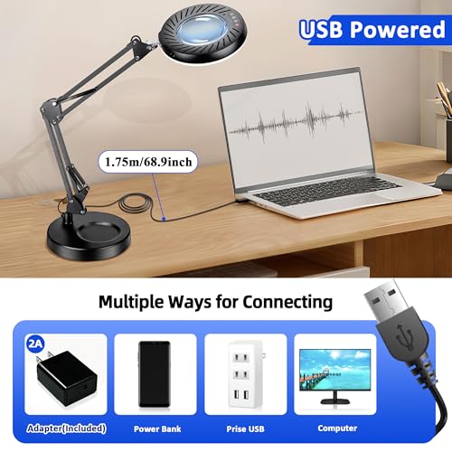 Akynite 12X Magnifying Glass with Light and Stand,5 Color 9 Levels Dimmable | Hands Free, Flexible Robot Arm, USB, with Adapter, Dual Base, 144 LED, Real Glass Magnifying Desk Lamp for Craft Close Work