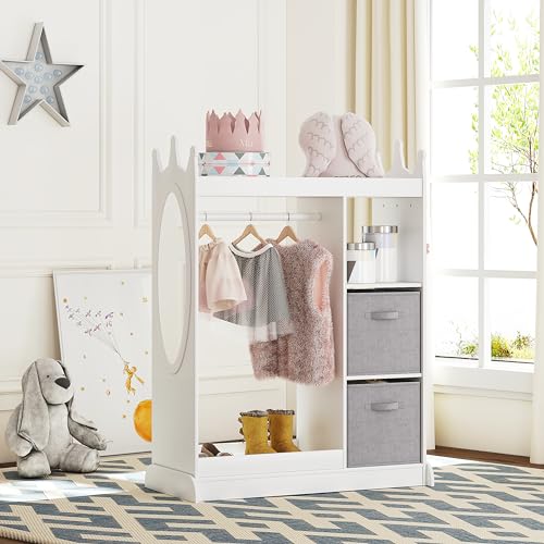 UTEX Kids Dress up Storage with Crown-Shaped Design and 2 Fabric Bins | See and Store Kids Wardrobe, Toddler Dress Up Rack, Open Hanging Armoire Closet, Water-based Paint, Princess Style - color: White