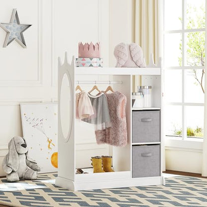 UTEX Kids Dress up Storage with Crown-Shaped Design and 2 Fabric Bins | See and Store Kids Wardrobe, Toddler Dress Up Rack, Open Hanging Armoire Closet, Water-based Paint, Princess Style - color: White