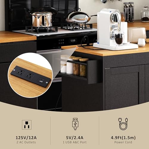 Kitchen Island, Extendable Dining Table with Power Outlet | Extendable dining table expands from prep station to dining table, seats up to 2 extra guests, saves space when closed - color: Black3