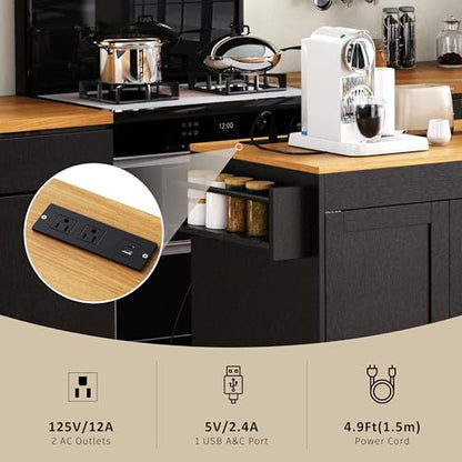 Kitchen Island, Extendable Dining Table with Power Outlet | Extendable dining table expands from prep station to dining table, seats up to 2 extra guests, saves space when closed - color: Black3