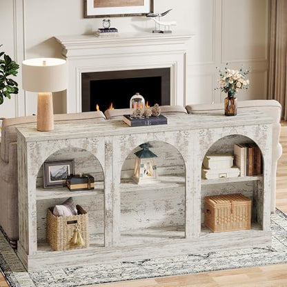Tribesigns Console Table with Storage, 63" Long Arched Entryway Table | 3 Tier Wooden Farmhouse Rectangular Sofa Table Behind The Couch for Entrance, Hallway, Living Room, Distressed White - color: Distressed White