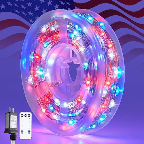 JMEXSUSS 200 LED 4th of July Fairy Lights, Red White and Blue Lights Indoor | 8 Modes with Wheel Remote Control Twinkle Patriotic Lights in for Independence Day American Flag Holiday - color: Red White Blue, size: 66FT 200LED