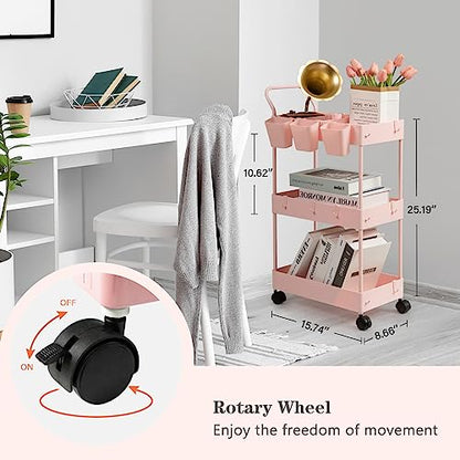 Slim Storage Cart, 3 Tier Narrow Rolling Cart on Wheels Bathroom Organizer with Dividers Handle Hanging Cups Hooks for Laundry Room Kitchen Small Spaces, Pink - style: 3 Tier Pink