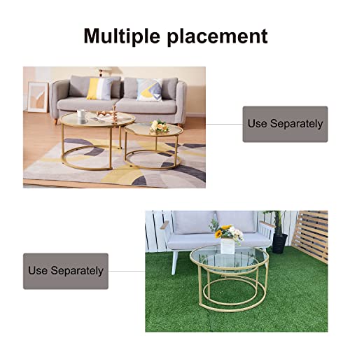 Modern Nesting Glass Coffee Table Set of 2, Round Tempered Glass Coffee Table for Living Room & Bedroom, Space-Saving Design with Adjustable Feet (Large Size + Black Frame) - color: Large Size + Black Frame