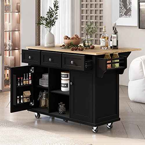 53'' Rolling Kitchen Island with Storage, Large Kitchen Cart On Wheels with Drop Leaf & Power Outlet & Drawers, Mobile Kitchen Table with 3 Drawers, for Dining Room (Black) - color: Black