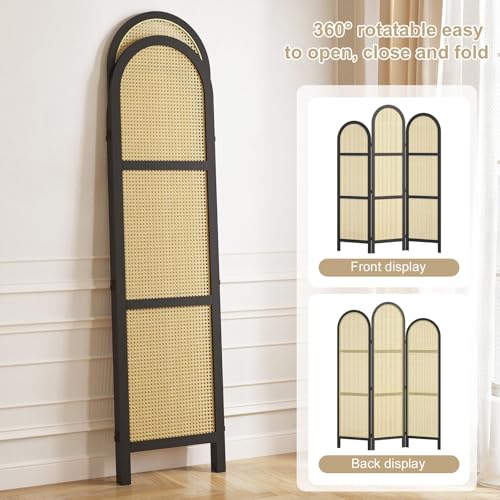 3-Panel Hand-Woven Rattan Room Divider, Tall Foldable Privacy Screen with Wooden Frame - Freestanding Portable Partition for Home Office, Bedroom, Bathroom(Black-Wave) - color: Black-wave