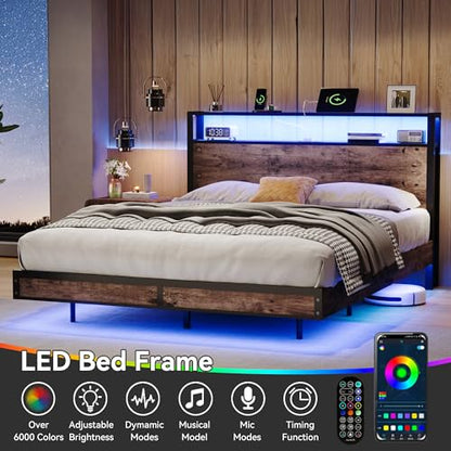 Susalt Full Size Bed Frame with Storage Headboard, Sturdy Metal Platform Bed Frame with LED Lights and Charging Station, Easy Assembly, No Box Spring Needed, Noise Free, Rustic Brown - size: Full