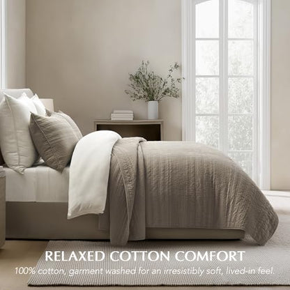 EVERGRACEHOME 100% Cotton Modern Lines Quilt Set Queen Size, Stone Taupe | Pre-Washed Soft Cotton, Striped Coverlet Bedspread, 3 Piece Lightweight Bedding Set for All Season, with 2 Pillow Shams - color: Stone Taupe, size: Full/Queen (92" X 92")