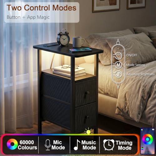Narrow End Table with Charging Station, Small Nightstand | Skinny Side Tables Living Room with 2 Fabric Drawers, Bedside Table with LED Lights for Bedroom, Small Spaces, Black - color: Black, size: 23.22''H (2 Drawers), style: Power + Light