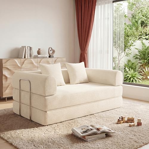 59" Boneless Couch,4-in-1 Futon Sofa Bed Modular Loveseat Sleeper Folding Compressed Couch with Pillows,No Assembly Required Convertible Sofa Bed for Living Room Bedroom Guest Room,Beige - color: Beige, size: 59.06" Loveseat Sofa