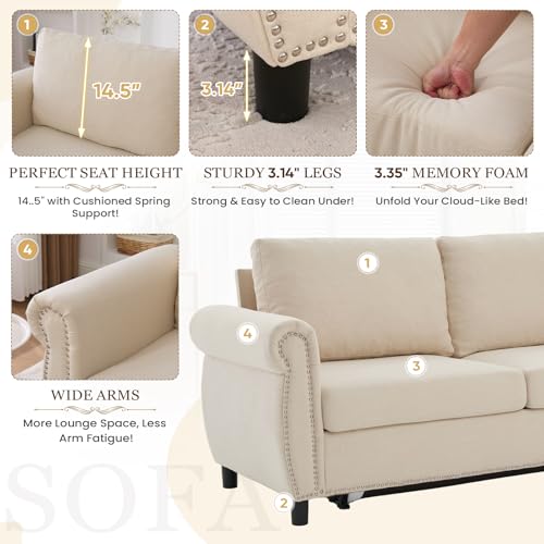 Queen Sleeper Loveseat Sofa Bed, 3 in 1 Convertible Pull Out Couch Bed with Thick Memory Foam Mattress Included, 3 Seater Upholstered RV Furniture Living Room Apartment Small Space (Cream Linen)
