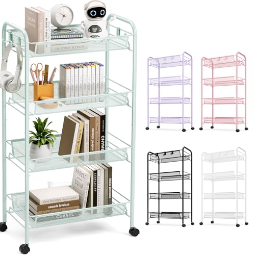 TOOLF 4 Tier Rolling Cart, Metal Utility Storage Cart with Wheels, Green | 3 Hooks, Screwless Assembly, Trolley Organizer for Bathroom, Kitchen, Office, Nursery, Dorm, Laundry Room - color: Green, size: 4-Tier