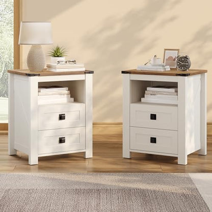 AMERLIFE Farmhouse Wood Nightstand Set of 2, End Table with Drawers, White | Narrow/Small 18" Bedside Table with Open Shelf, Wooden Night Stand for Bedroom/Home Office, Rustic White + Honey Brown - color: Rustic White + Honey Brown