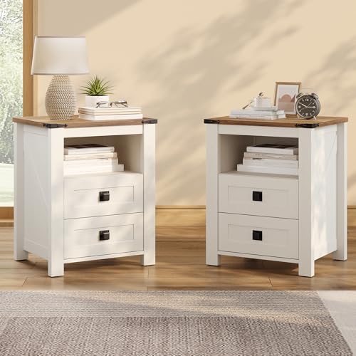 AMERLIFE Farmhouse Wood Nightstand Set of 2, End Table with Drawers, White | Narrow/Small 18" Bedside Table with Open Shelf, Wooden Night Stand for Bedroom/Home Office, Rustic White + Honey Brown - color: Rustic White + Honey Brown