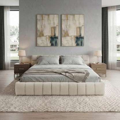 Modern Grounded Chenille Bed Frame, Low Profile Upholstered Platform Bed with Inset Design, No Box Spring Needed, Quiet & Sturdy MDF Wood Foundation, Zero-Gap Cleaning, King, Beige - color: Beige, size: King (U.S. Standard)