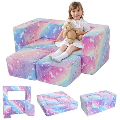 MeMoreCool Glow in Dark Rainbow Kids Couch, Modular Fold Out Play Sofa | Rainbow glow in dark kids couch folds out to bed, fort or chair, machine washable velour - color: Rainbow
