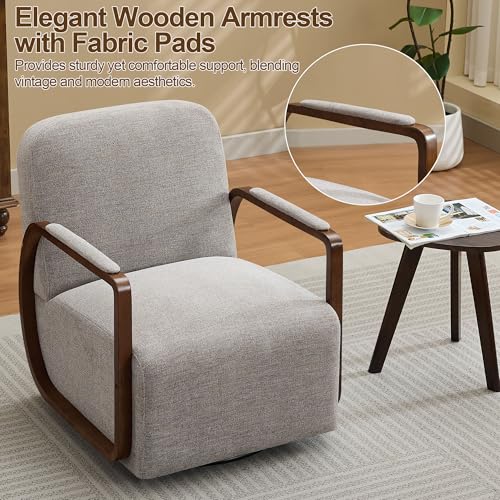 32" Chenille Upholstered Swivel Accent Chair, 360° Rotating Metal Base Modern Lounge Chair with Wooden Armrests for Living Room Bedroom, Brown - color: Brown, size: 1 Pack