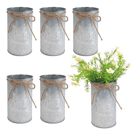 6" High Rustic Metal Mason Jar Vase Centerpiece for Table, Silver, 6 pcs | Leakproof, Galvanized metal, With twine bow, for wedding / parties / home/ office, For fresh & fake flowers, Utensil holder‌ - color: Silver