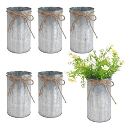 6" High Rustic Metal Mason Jar Vase Centerpiece for Table, Silver, 6 pcs | Leakproof, Galvanized metal, With twine bow, for wedding / parties / home/ office, For fresh & fake flowers, Utensil holder‌ - color: Silver