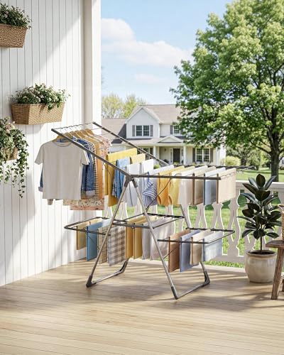 Sakugi Clothes Drying Rack, Foldable 2-Level with 55.5" Adjustable Wings | Laundry Room, Bedroom, Indoor & Outdoor Use, Height Adjustable, Clothing & Bedding, 55.5" L × 22.8" W, Gray - color: Gray, size: Large (55.5"L x 22.8"W x 36.6"H)