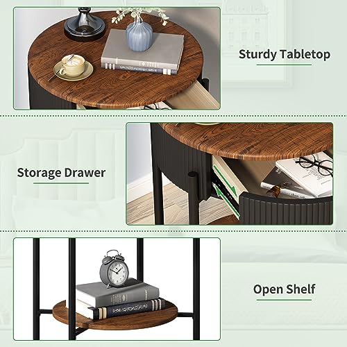 OIOG Wood Grain Side Table with Drawer, 2 Tier End Table, Black and Brown | Round Nightstand, Modern Side table, End Table with Storage, MDF Tabletop ang Shelf, For Living Room, Bedroom, Office, Dorm - color: Black