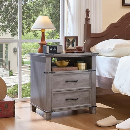 Farmhouse Night Stand with Charging Station, Grey | 2 Drawers End Tables Bedroom, Bedside Table with Metal Handles & Solid Wood Foot & Open Shelf - color: Grey