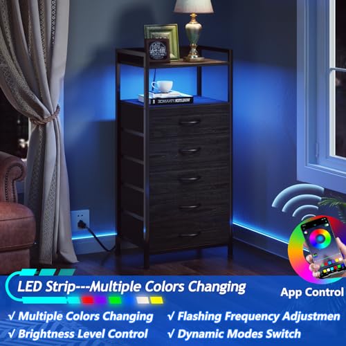 Nightstand with Charging Station,LED,5 Drawers Dresser for Bedroom | Tall Bedside Table,Dorm Night stand with LED Light & Remote Control, Metal Frame and Fabric Bins,Wood Desk Top,Easy Assemble - color: Black Oak, style: 5 Drawer
