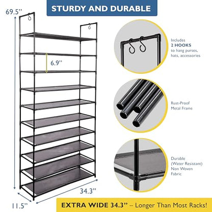 Sundaze Shoe Rack - 10 Tier Shoe Rack for Front Door Entrance, Sturdy Tall Shoe Organizer for Closet, Bedroom, Entryway, Garage, Non Woven Fabric Shelf, Black, Holds Up to 50 Pairs - size: 10 Tier (34.3" W)