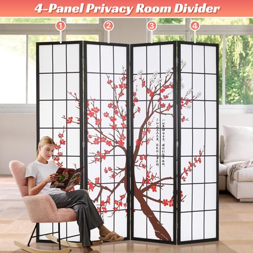 Japanese 4-Panel Screen Room Divider, 6Ft Folding Privacy Divider, White | Chinese Room Dividers, Wooden Freestanding Partition Screen with Plum Blossom
