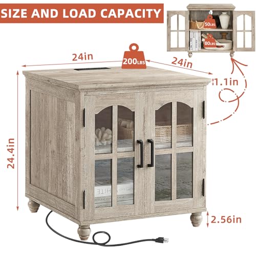 RWYHG Farmhouse 24" End Table with Charger, Glass Barn Door, Grey | USB Ports, Solid Wood Legs, Adjustable Storage Shelf, Square Bedside Table for Living Room,Bedroom - color: Grey, size: Set 1