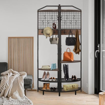 Corner Coat Rack, Coat Rack with Shoe Storage, Hall Tree with Bench and Shoe Storage, Freestanding Shelves with 14 Hook for Entryway, Hallway,Bedroom (Corner)
