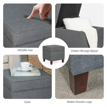 Linen Storage Ottoman with Wooden Legs, 17" Square Upholstered Footrest Stool, Extra Seat or Coffee Table for Living Room, Bedroom, Entryway, Dark Grey - color: Dark Grey
