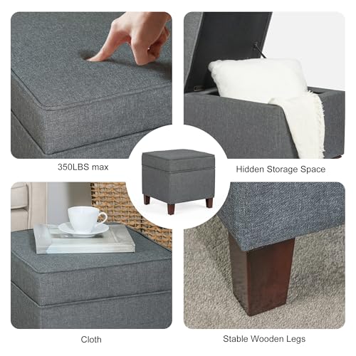 Linen Storage Ottoman with Wooden Legs, 17" Square Upholstered Footrest Stool, Extra Seat or Coffee Table for Living Room, Bedroom, Entryway, Dark Grey - color: Dark Grey