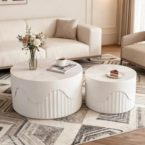JHKZUDG 2-Pack Nesting Coffee Tables 26.8" & 19.7" White, Fluted Wood | Modern Wood Accent Furniture Set, Space-Saving Design for Living Room & Bedroom, Unique Fluted End Tables - color: 26.77"+19.69" White