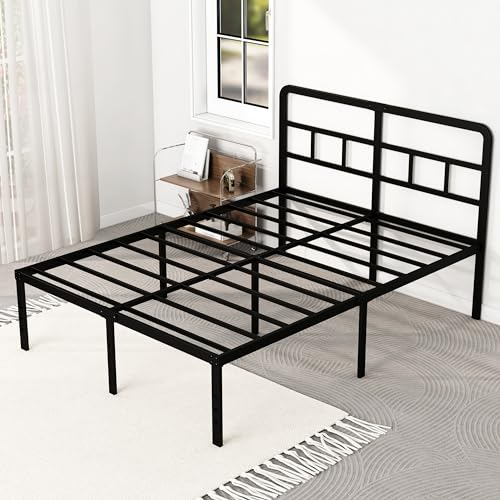 DiaOutro 18 Inch High Full Size Bed Frame with Headboard, Black | Heavy Duty Bed For Kids Adults, Steel Slat Supports No Box Spring Needed, Easy Assembly, Noise Free - size: Full, style: 18 Inch