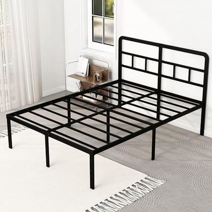 DiaOutro 18 Inch High Full Size Bed Frame with Headboard, Black | Heavy Duty Bed For Kids Adults, Steel Slat Supports No Box Spring Needed, Easy Assembly, Noise Free - size: Full, style: 18 Inch