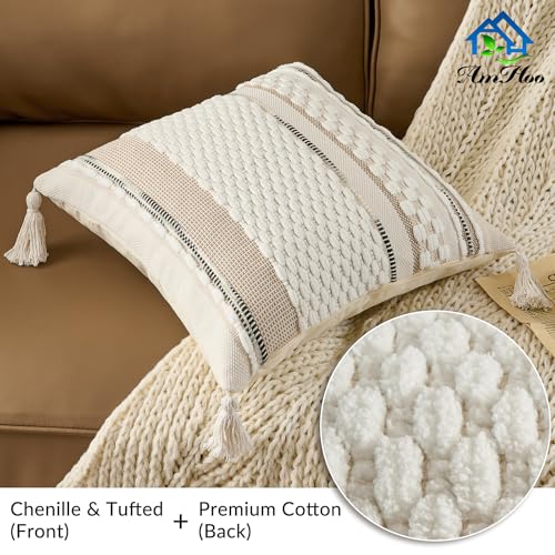 Chenille Striped Textured Boho Throw Pillow Covers Aesthetic with Tassels Woven Decorative Pillow Case for Couch Bed Sofa Bedroom Modern Funky 18 x 18-Inch White - color: White, size: 18" x 18" (Pack of 1)