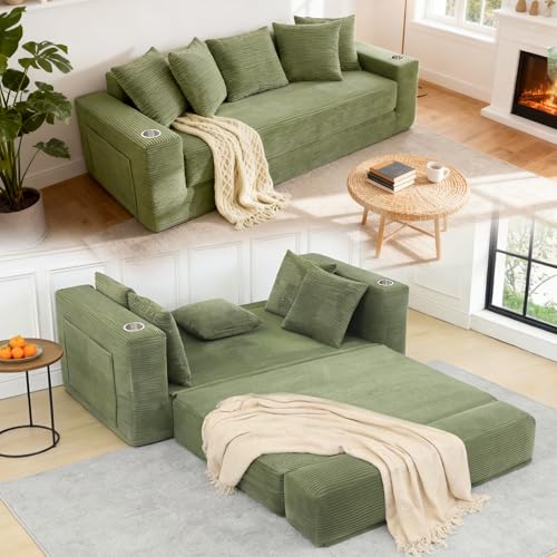 76" Convertible Sofa Bed, Corduroy Boneless Couch with Cup Holders & Pocket | 2-in-1 Sleeper Sofa, Pull-out Couch Bed with 5 Pillows, Living Room, Small Spaces, Bedroom, No Assembly - color: 76"light Green