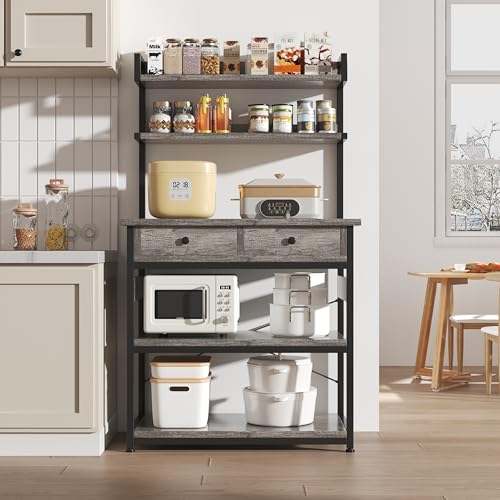 Mexin Baker's Rack with Power Outlet, 5-Tier Kitchen Storage Shelf with 2 Drawers, Industrial Microwave Stand Coffee Bar Station, 58.5" Heavy Duty Utility Rack for Spice Pots and Pans, Gray Oak - color: Gray Oak