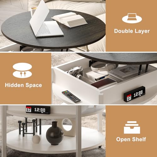 FABATO 26.77” Round Lift Top Coffee Table with Storage, White | Farmhouse Coffee Table, 2 Tier Small Round Center Table, Center Table for Living Room, Circle Dining Table - color: Antique White