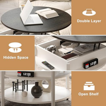 FABATO 26.77” Round Lift Top Coffee Table with Storage, White | Farmhouse Coffee Table, 2 Tier Small Round Center Table, Center Table for Living Room, Circle Dining Table - color: Antique White