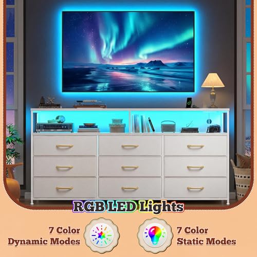 55" W Dresser for Bedroom with 9 Drawers LED, Power Outlets Fits 65" TV | TV Stand for 45, 55, 65 Inch TV Sturdy Long Chest of Drawers with Extra 2 Wooden Shelves Steel Frame PU Leather Drawer - color: White